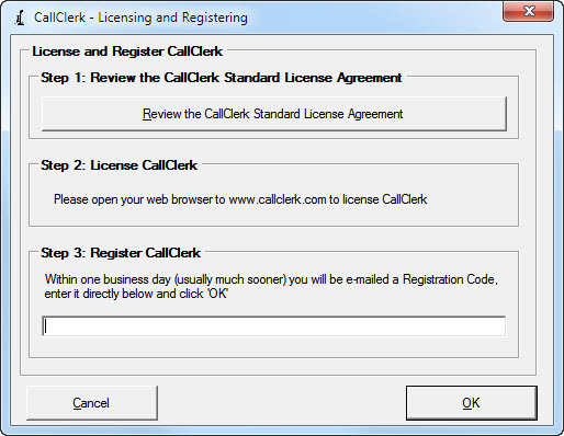 CallClerk - Licensing and Registering Window